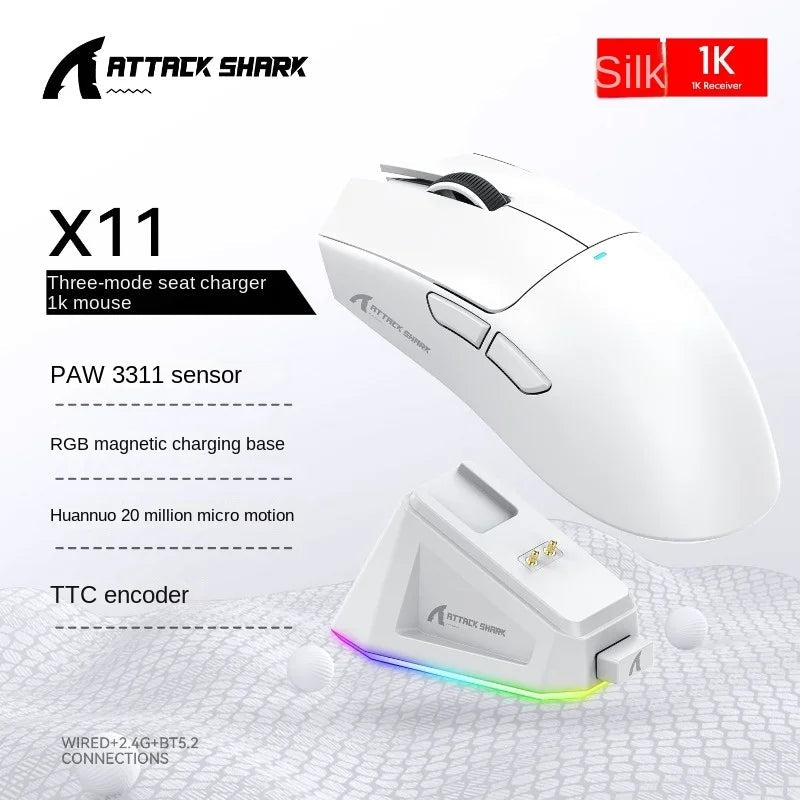 Attack Shark X11 Wireless mouse, three-mode connection 2.4GHz/ wired/Bluetooth PAW3311 22000DPI RGB magnetic charging dock mouse 