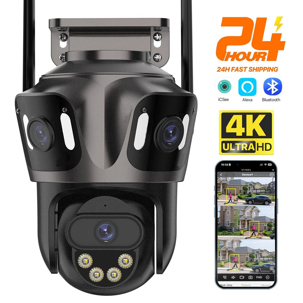 Three Screen WIFI IP Camera Outdoor 4K Dual Lens PTZ Camera Ai Human Detection IP66 Waterproof CCTV Video Security Camera iCsee 