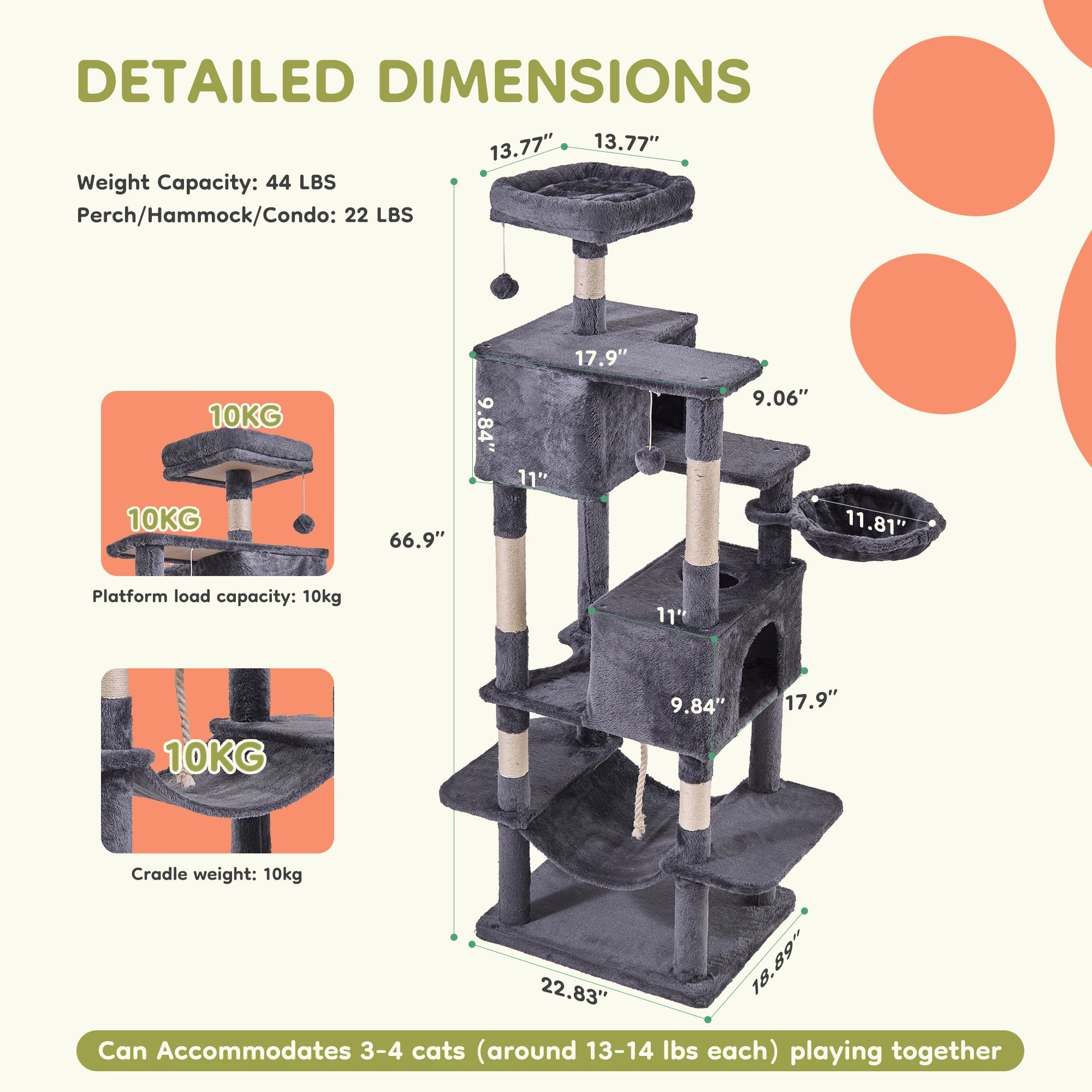 66-Inch Multi-Level Cat Tree Tower with Condo, Hammock & Scratching Posts