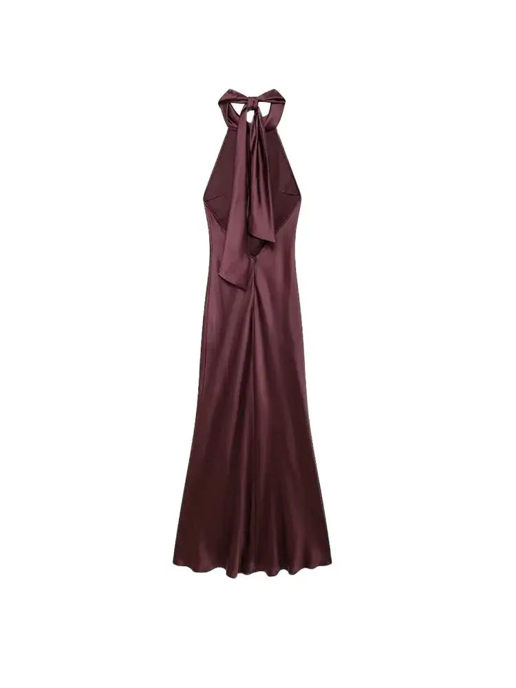 Women's Long Satin Halter Dress, Backless, Bow Tied, Back Zipper, Female Dresses, Sexy Fashion 