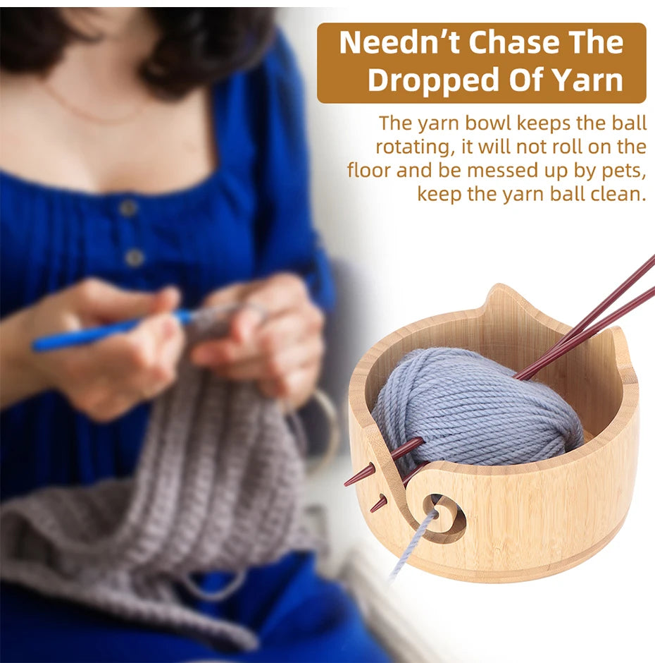 Wooden Cat-Ear Yarn Bowl