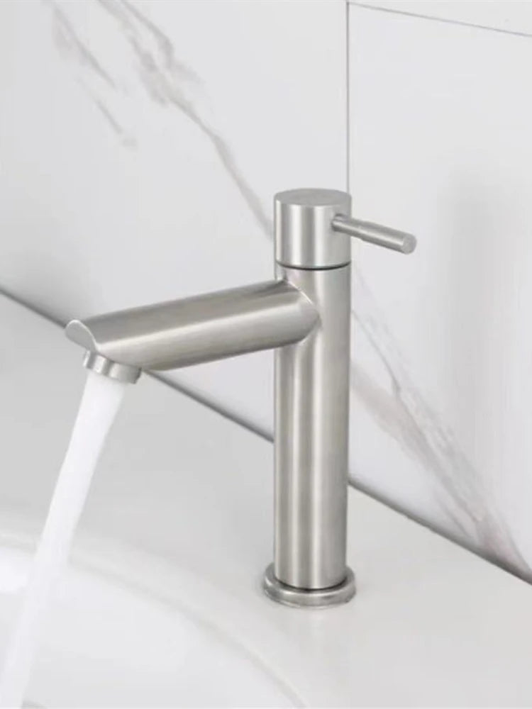 Stainless Steel Single Cold Water Tap Black Basin Fauct Silver Deck Mounted Lengthening and Raising Basin Sink Tap 