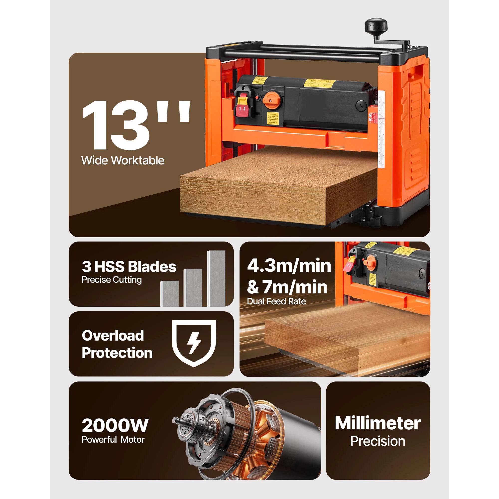 Raboteuse d'épaisseur de table 13 pouces 2000W à double vitesse pour travail du bois