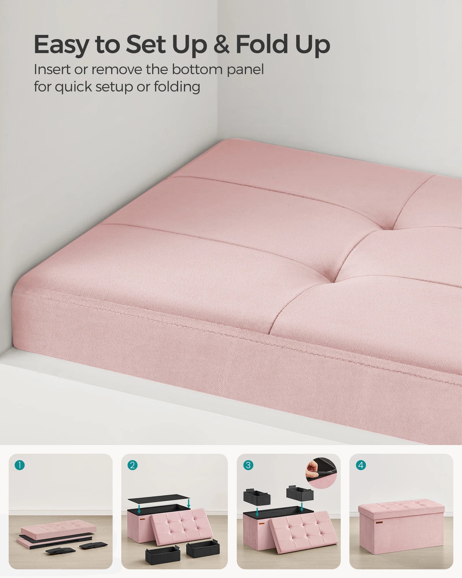 Velvet Storage Ottoman Bench 30" Foldable with Hidden Storage