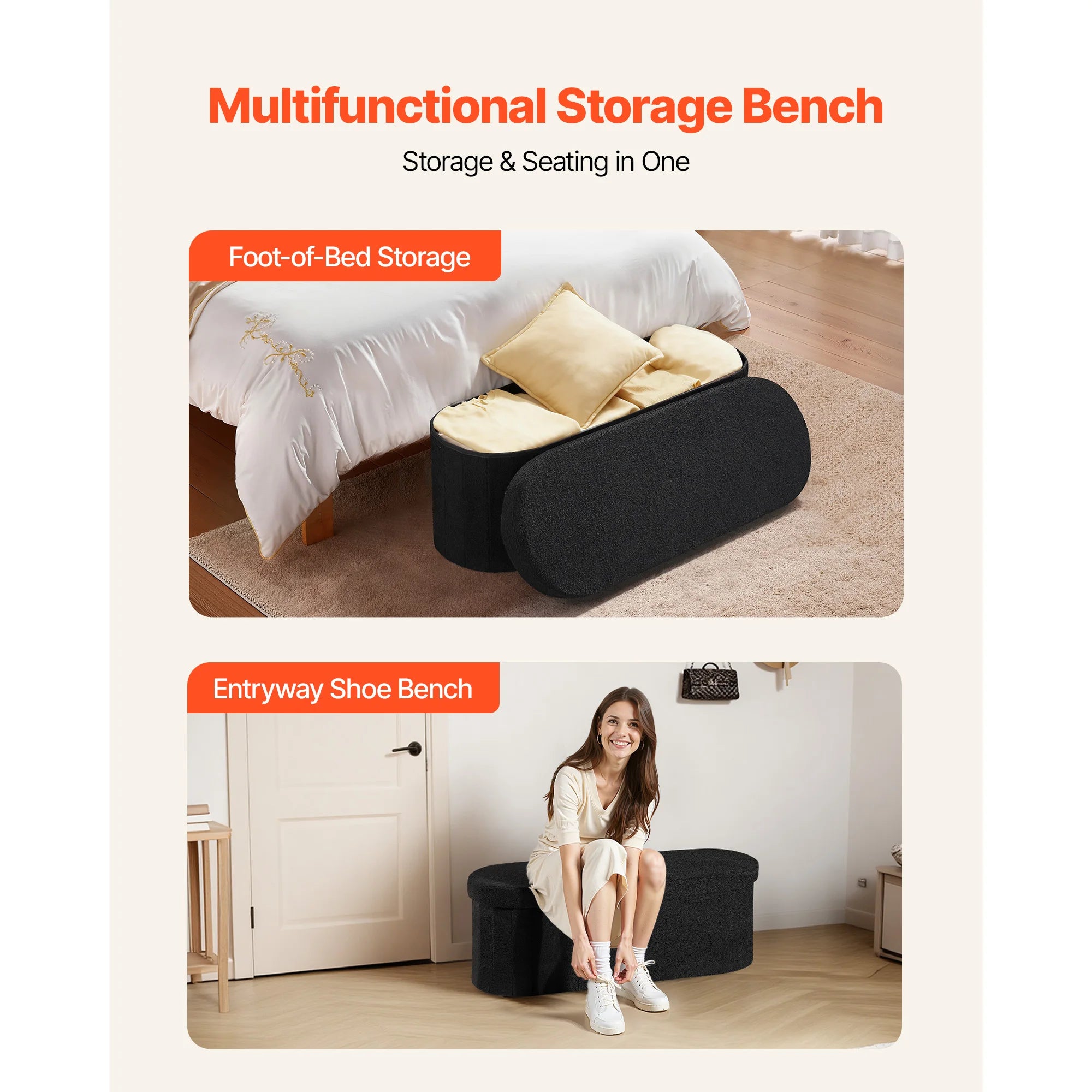 Foldable Storage Ottoman Bench with Hidden Compartments, 660lb Support
