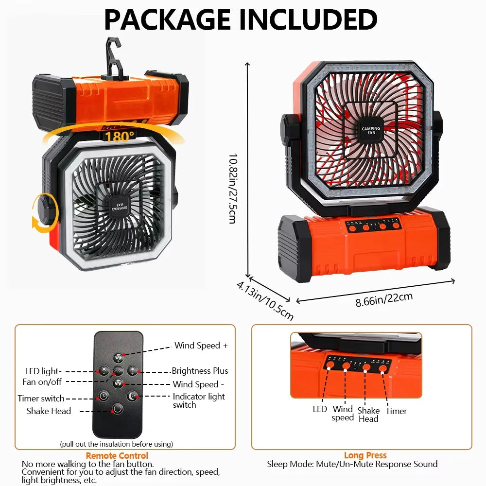 20000mAh Portable Camping Fan with LED Light