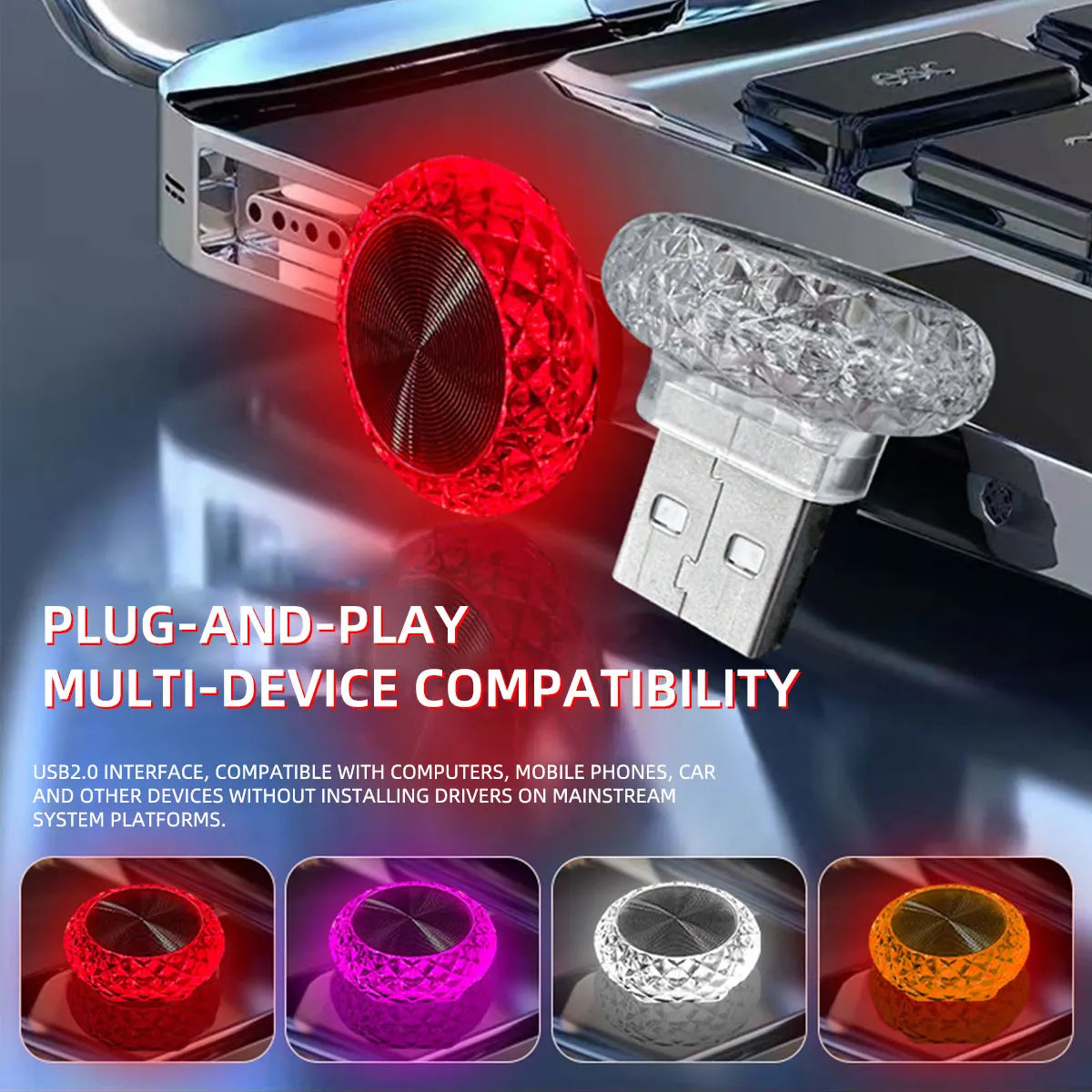 1pc Colorful Portable USB Mini LED Ambient Light for Car Interior Computer Atmosphere Lamp Plug and Play Night Light 
