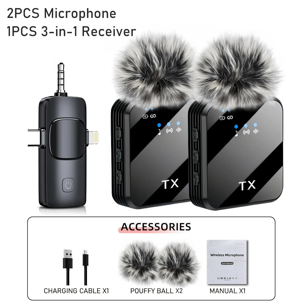 3in1 Wireless Lavalier Microphone for Camera,iPhone,Android,Microphone for Video Recording Recording Podcast Noise Reduction mic 