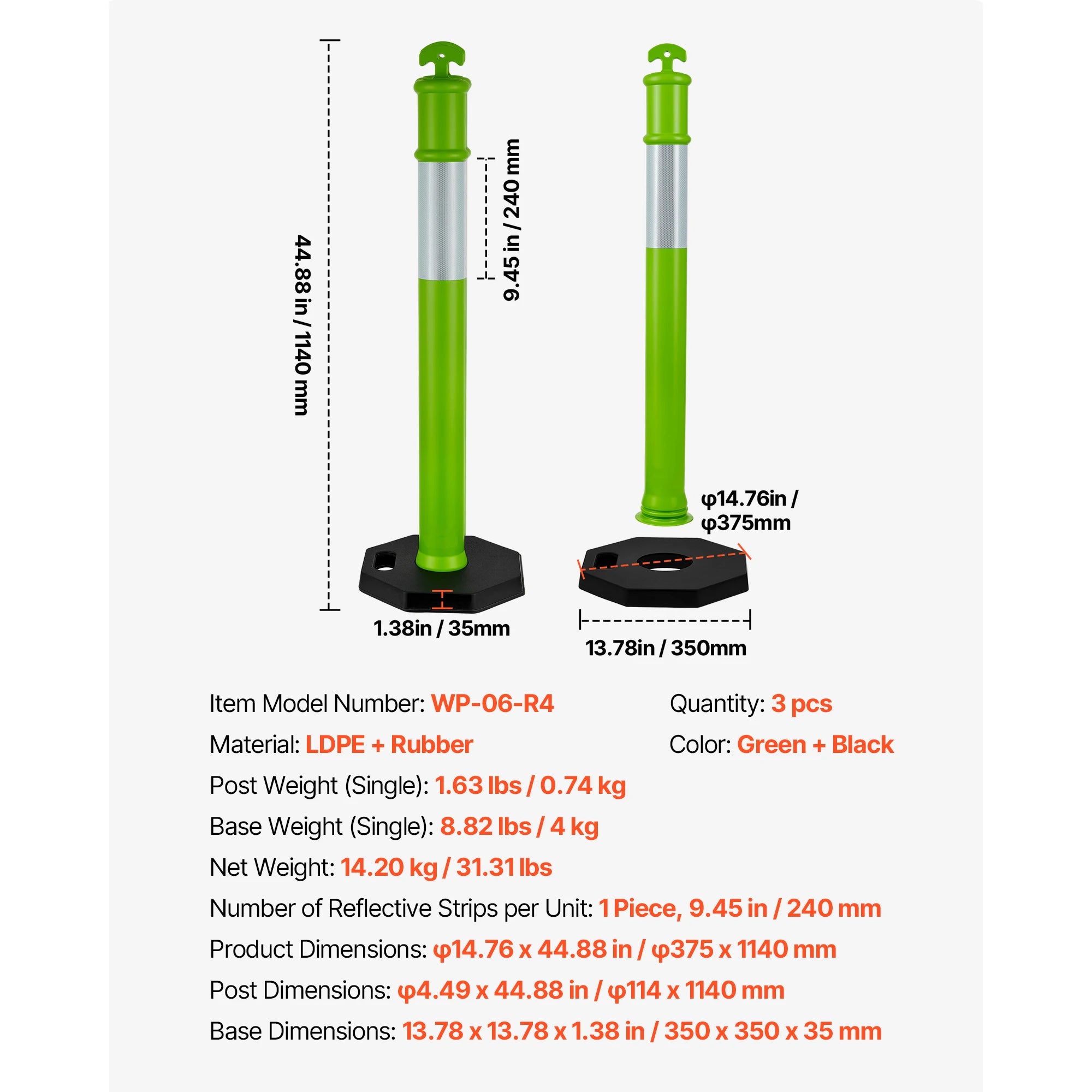 SucceBuy 2/3/4/6/12 Pack Traffic Delineator Posts 34/45 in with Weighted Base Reflective Strips for Construction Site Parking