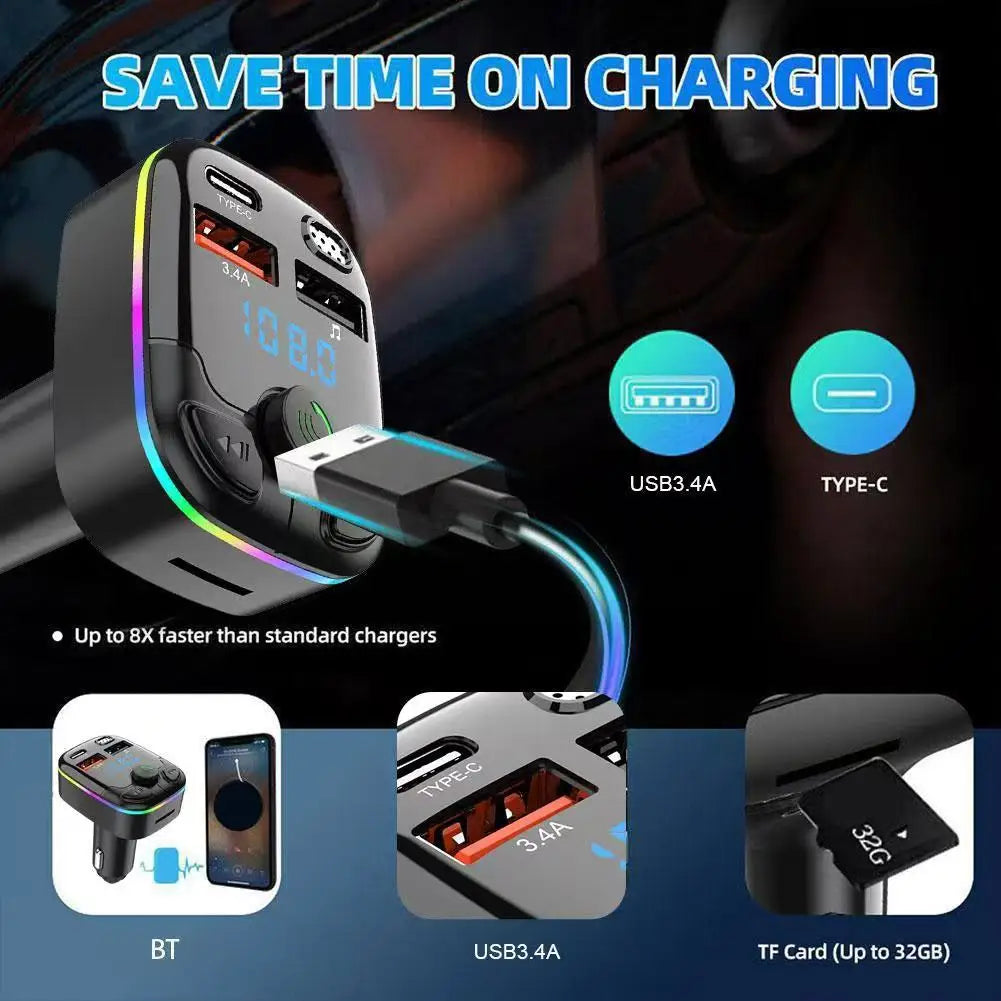 Car Charger Bluetooth 5.0 FM Transmitter PD Type-C Dual USB Ambient Player MP3 Charger Type-C Wireless Light Handsfree 