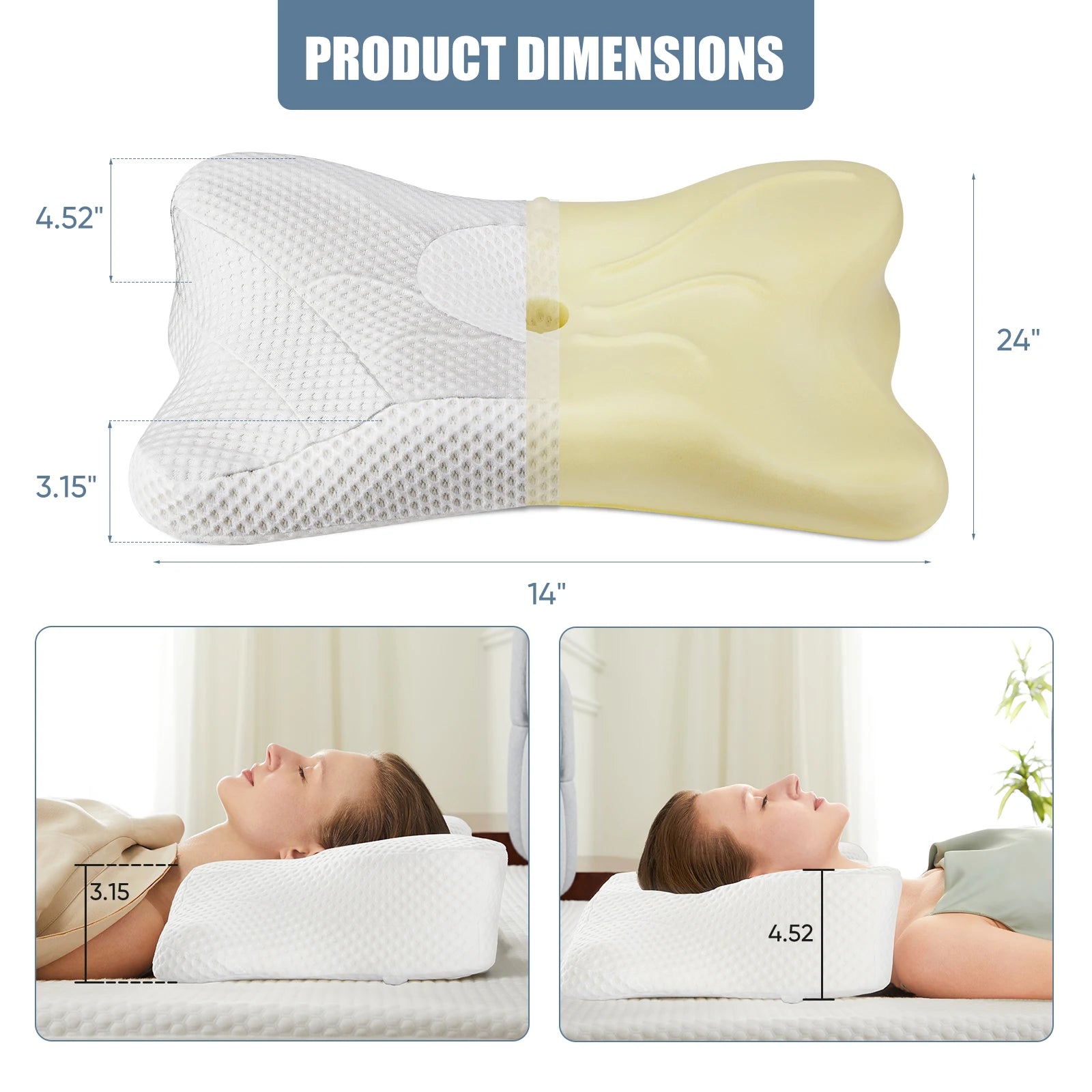 JHK Ergonomic Queen Size Cervical Contour Pillows For Neck 1 Pack Pain Relief Memory Foam Bed Pillow with Cooling Pillowcase