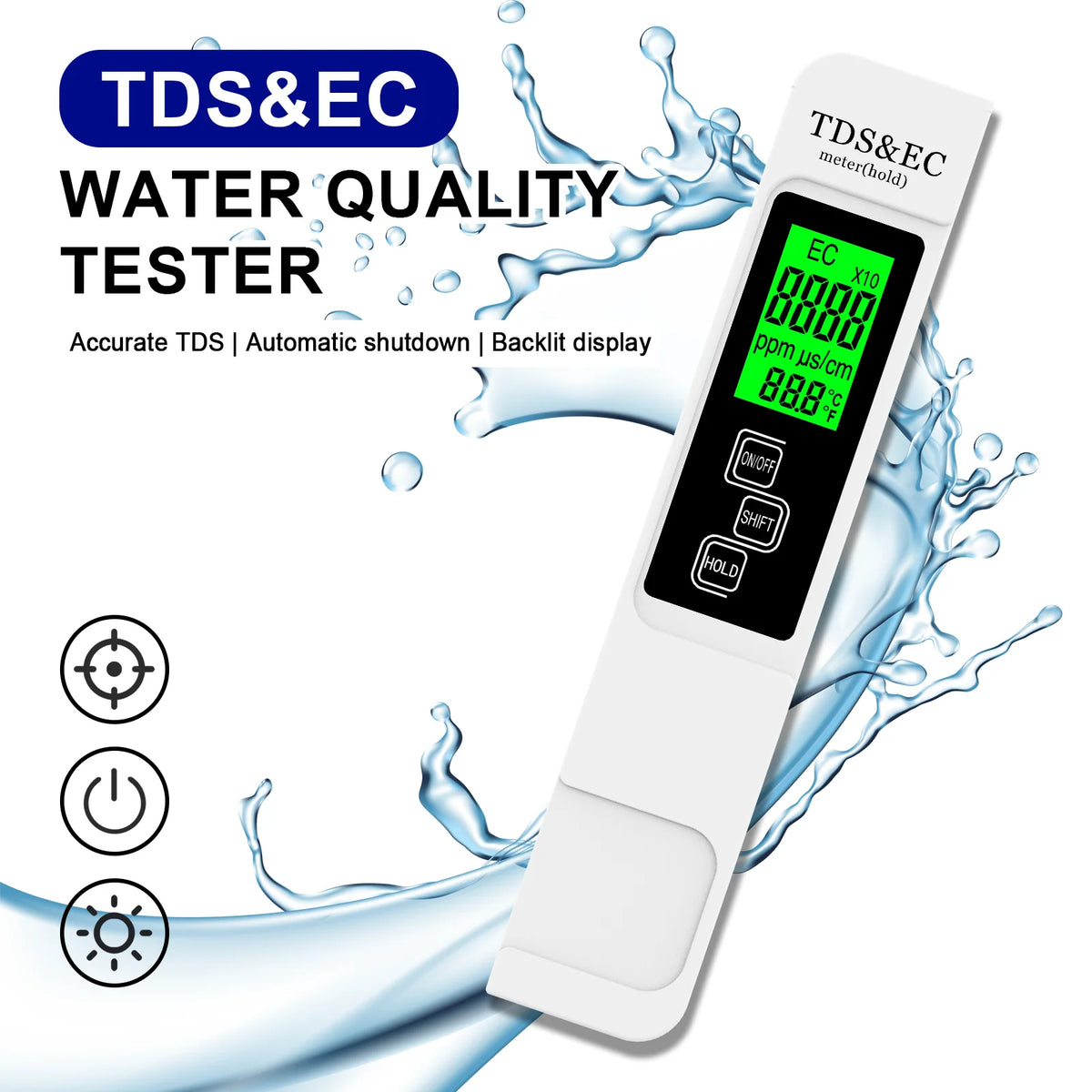 Vattentestare, TDS-mätare, EC-mätare och termometer 3 i 1, 0-9999 ppm noggrann för dricksvatten, hydroponik, akvarium