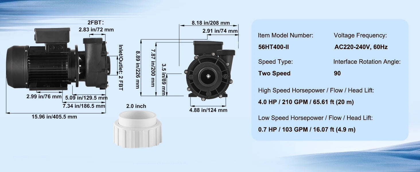 SucceBuy 2 Ταχύτητα SPA Αντλία 48/56-Πλαίσιο AC110-120V SPA Αντλία 1.5HP/3HP/4HP Υψηλή Ταχύτητα Διάμετρος 2'' Θέση 90° Περιστροφικό Διασύνδεση για υδρομασάζ