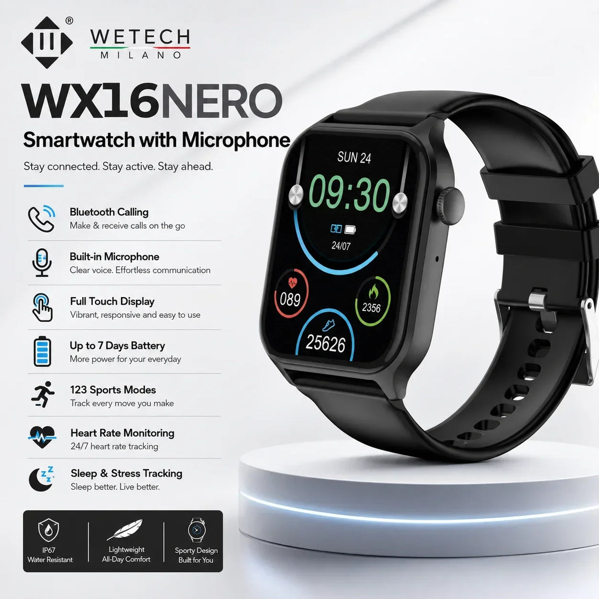 For Android IOS Users WETECH WX16 Smart Watch Bluetooth Call Internal Mic Touch Screen 123 Sport Modes Heart Sleep Stress Tracking Fitness Wristwatch 7-Day Battery White Black Two Colors Available