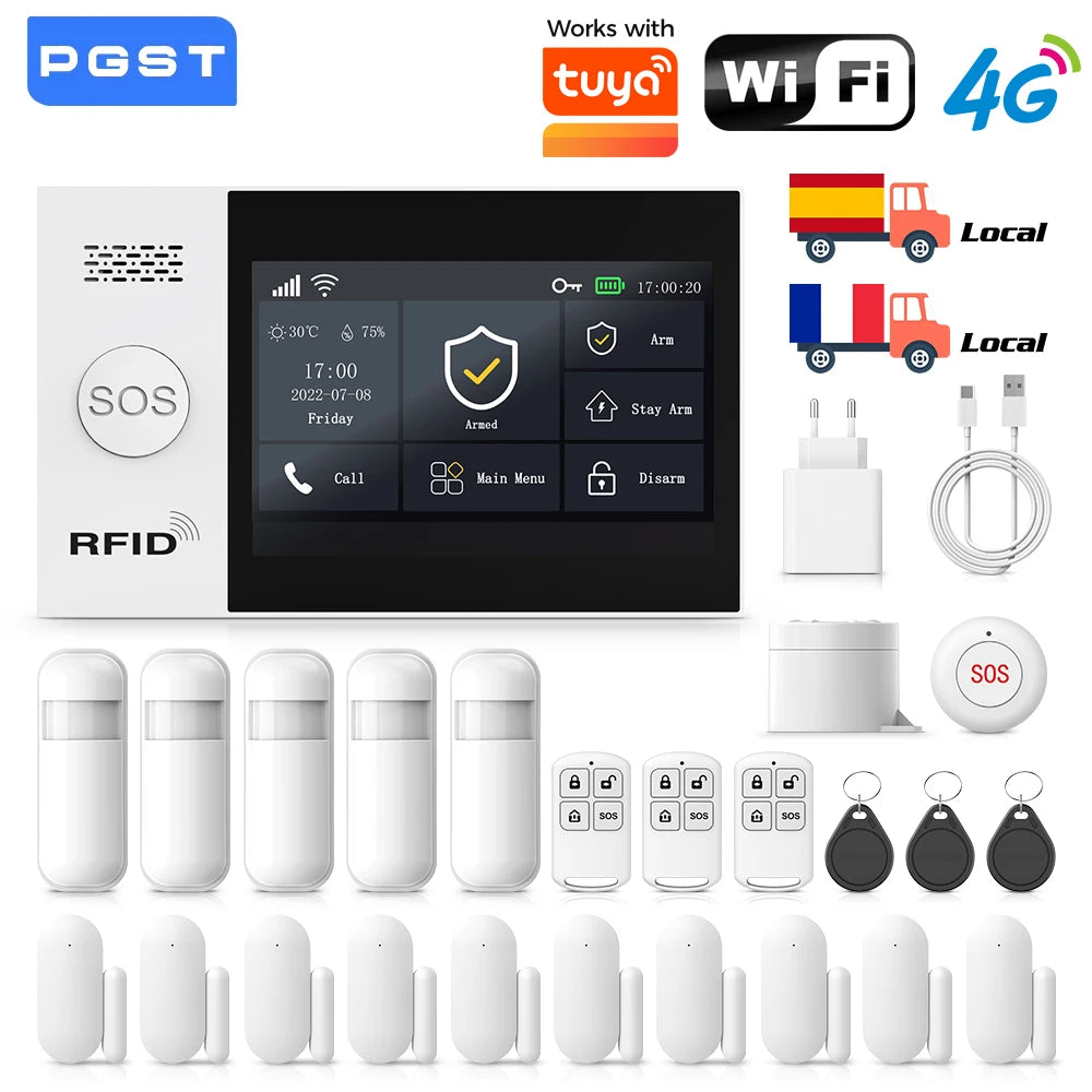 PGST Wireless Home Security Alarm System Work with Tuya 4G 2G GSM WIFI Smart Home 433MHz App Control With Alexa