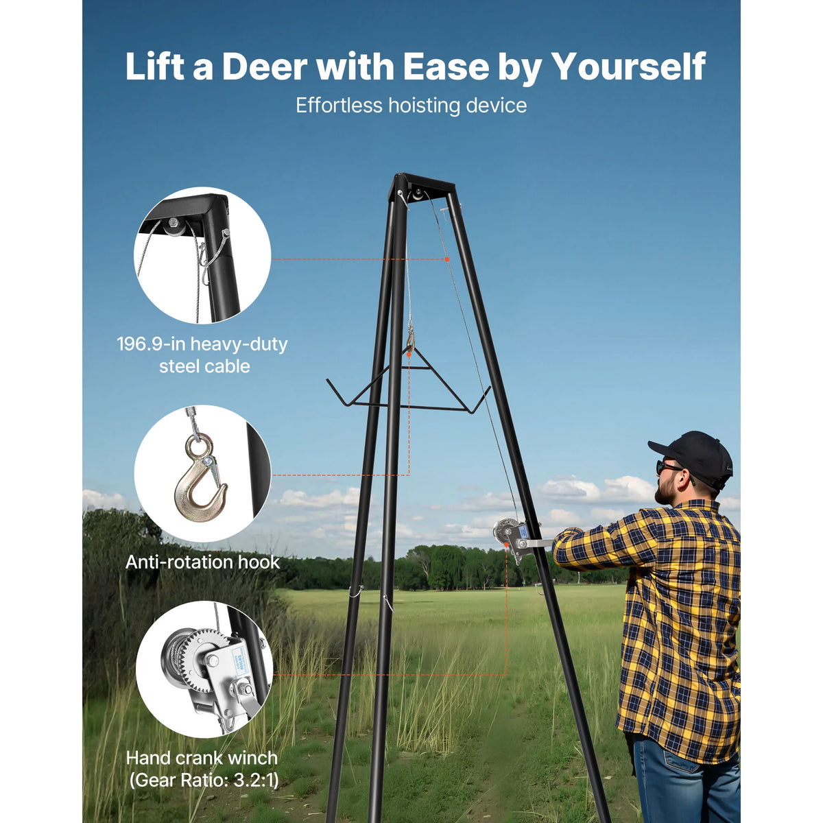 Tripé para içamento de caça com guincho manual, capacidade de 500 lb