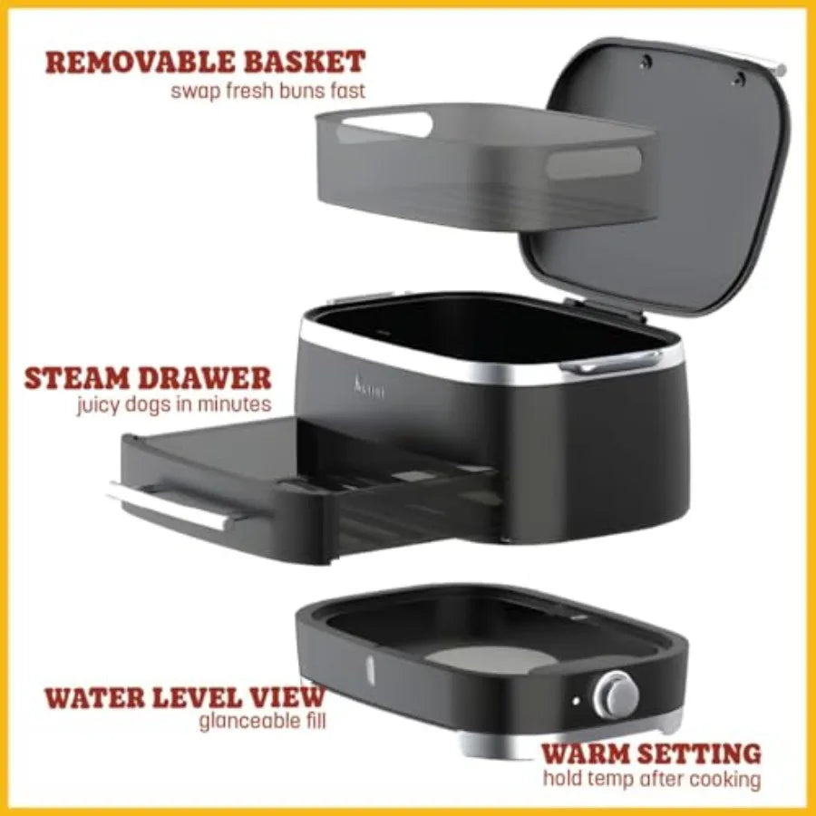 Electric Hot Dog Steamer with Bun Warmer for 24 Hot Dogs and 12 Buns