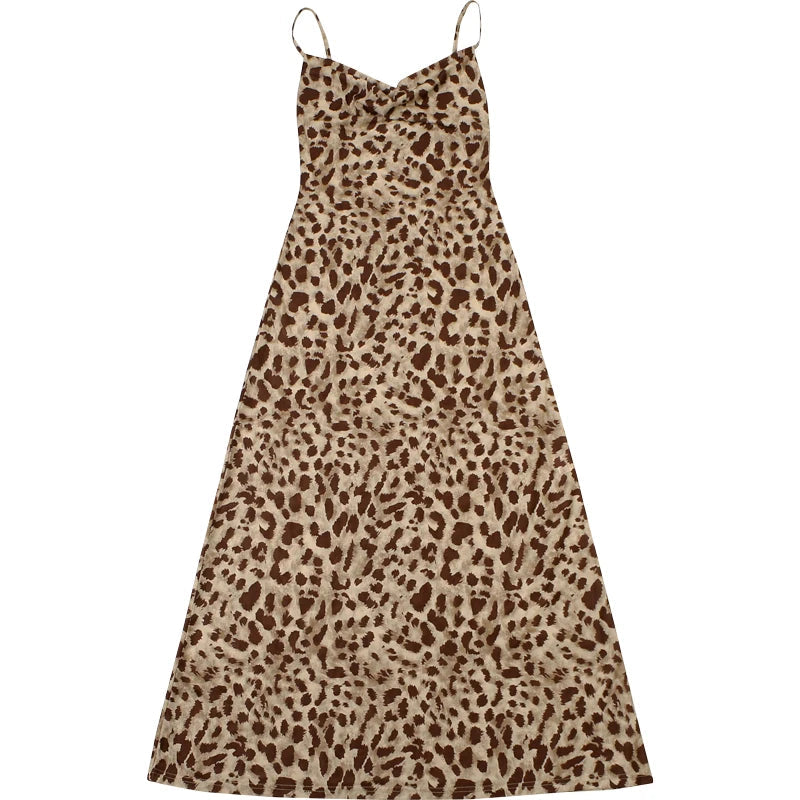 Weird Puss Leopard Print Dress Woman Summer Sexy Swing Collar Spaghetti Straps Backless Ruffles Party Clubwear Skinny Vestidos 