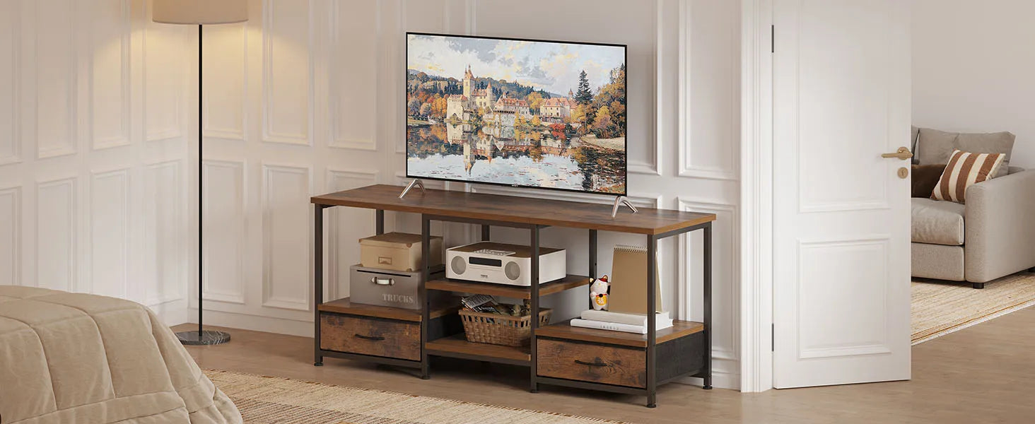 Dřevěný televizní stolek 63 palců s elektrickými zásuvkami a úložným prostorem pro televize až do 75"
