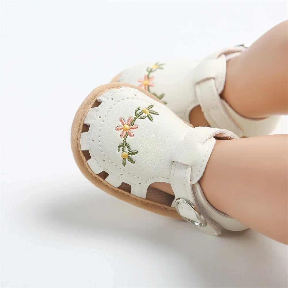 Newborn Baby Girl Sandals with Embroidered Floral Soft Sole