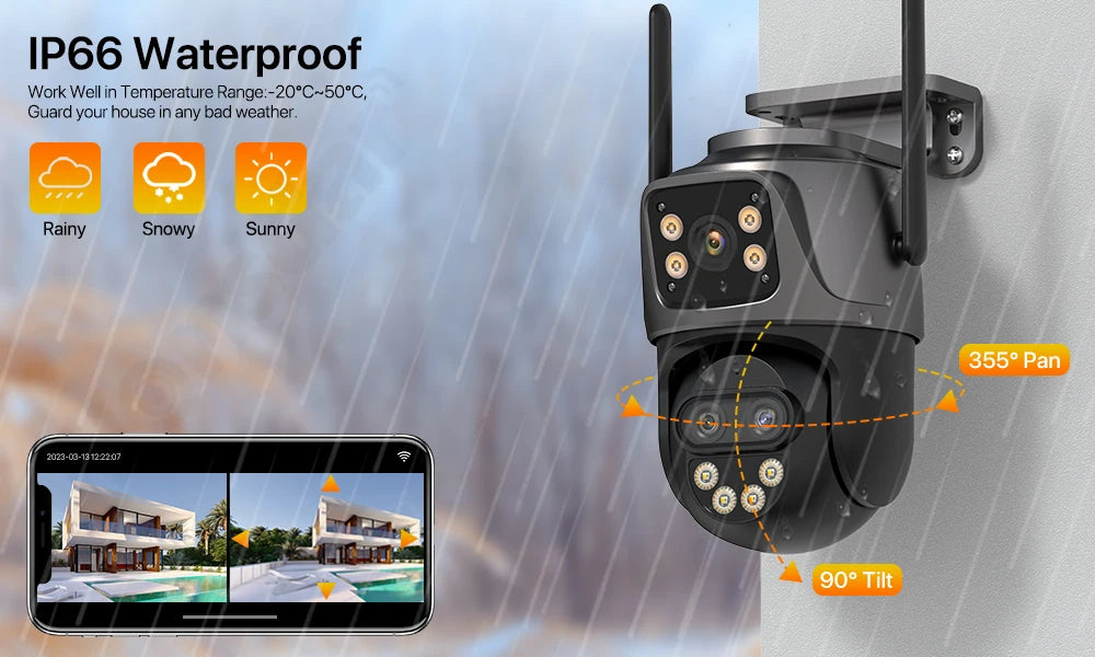 6K 9MP WiFi Outdoor PTZ Security Camera with Dual Screen, Three Lens, 8x Zoom