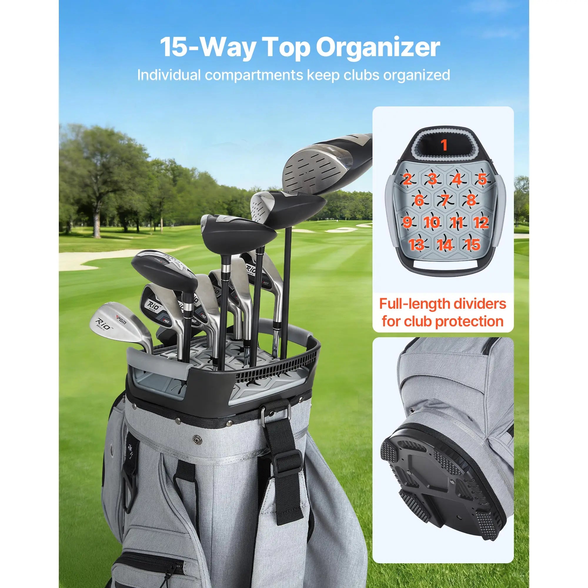 Golfbag med 15-delt skillevæg og regnhættebeskyttelse