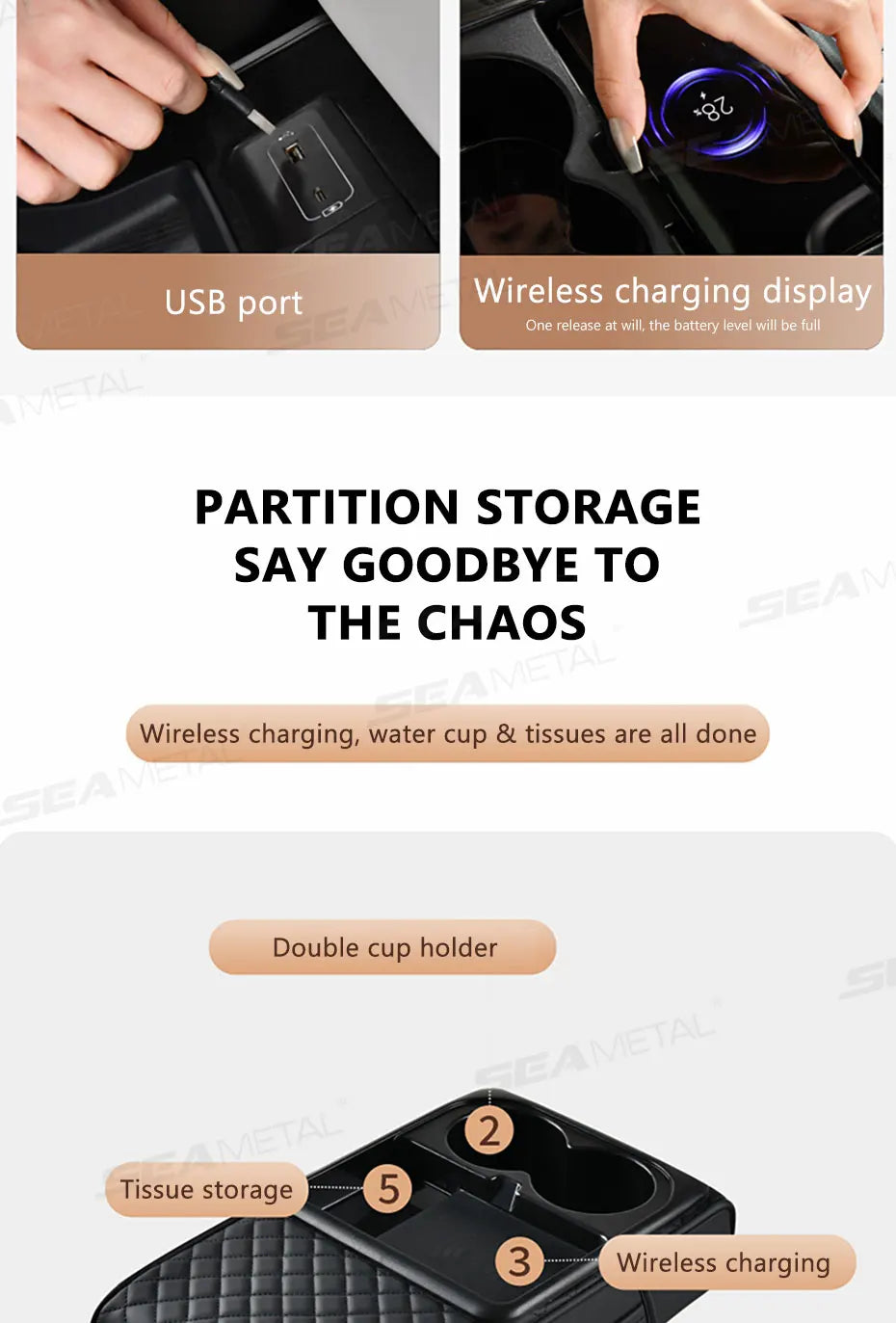 SEAMETAL 15W Wireless Charging Arm Rest Cushion for Car 7.5cm Thicken Center Console Extension Cushion Universal Elbow Support