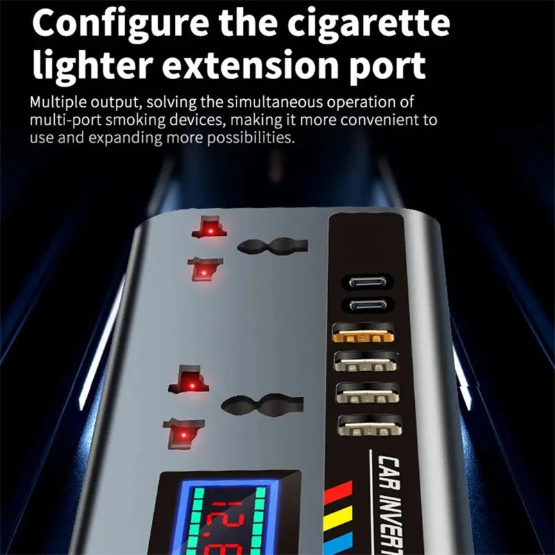 DC 12V/24V to AC 220V 200W Car Inverter PD+QC3.0 Dual Type C+4 USB Ports Phone Charger Cigarette Lighter Power Adapter 9 In 1