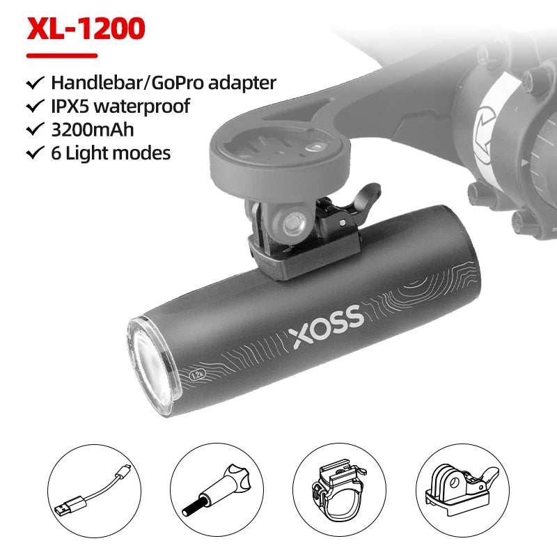 XOSS XL1200 Headlight 200-1200 Lm  Bike Light Waterproof Rechargeable Front Lamp Bicycle Light Aluminum Ultralight Flashlight 