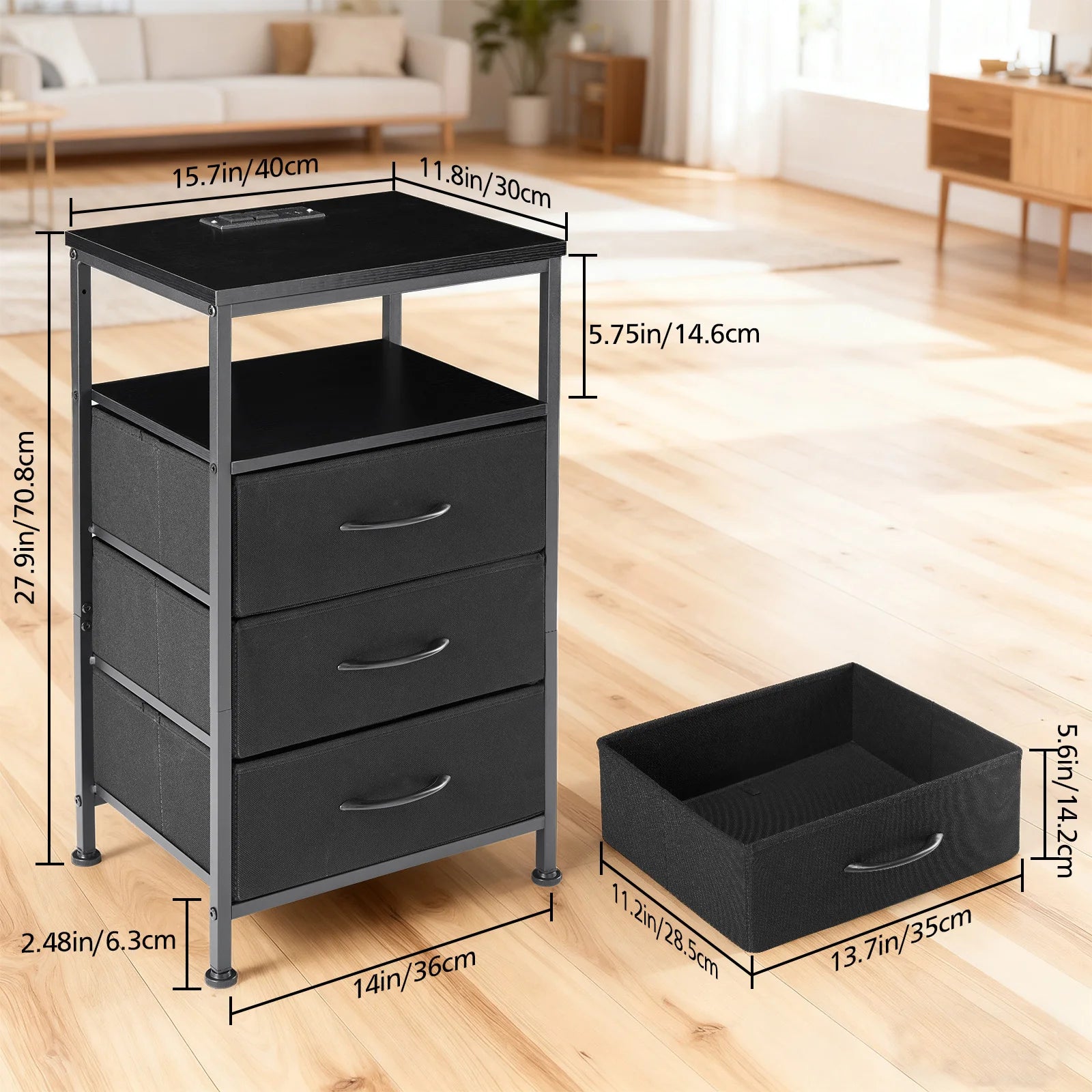 Nightstand with Charging Station, LED Light & 3 Fabric Drawers