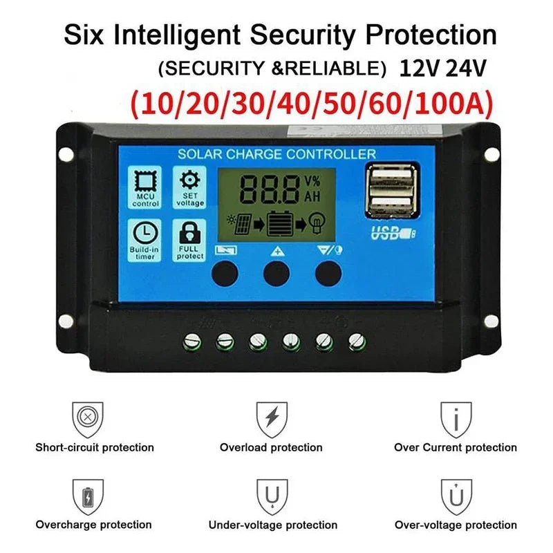 Solar Charge Controller 10A to 100A LCD Display Dual USB Auto Regulator for Solar Panel Battery System Charging