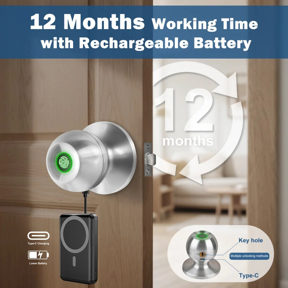 Smart Fingerprint Door Lock Knob with App Control, Password, Key Unlock and Auto Lock