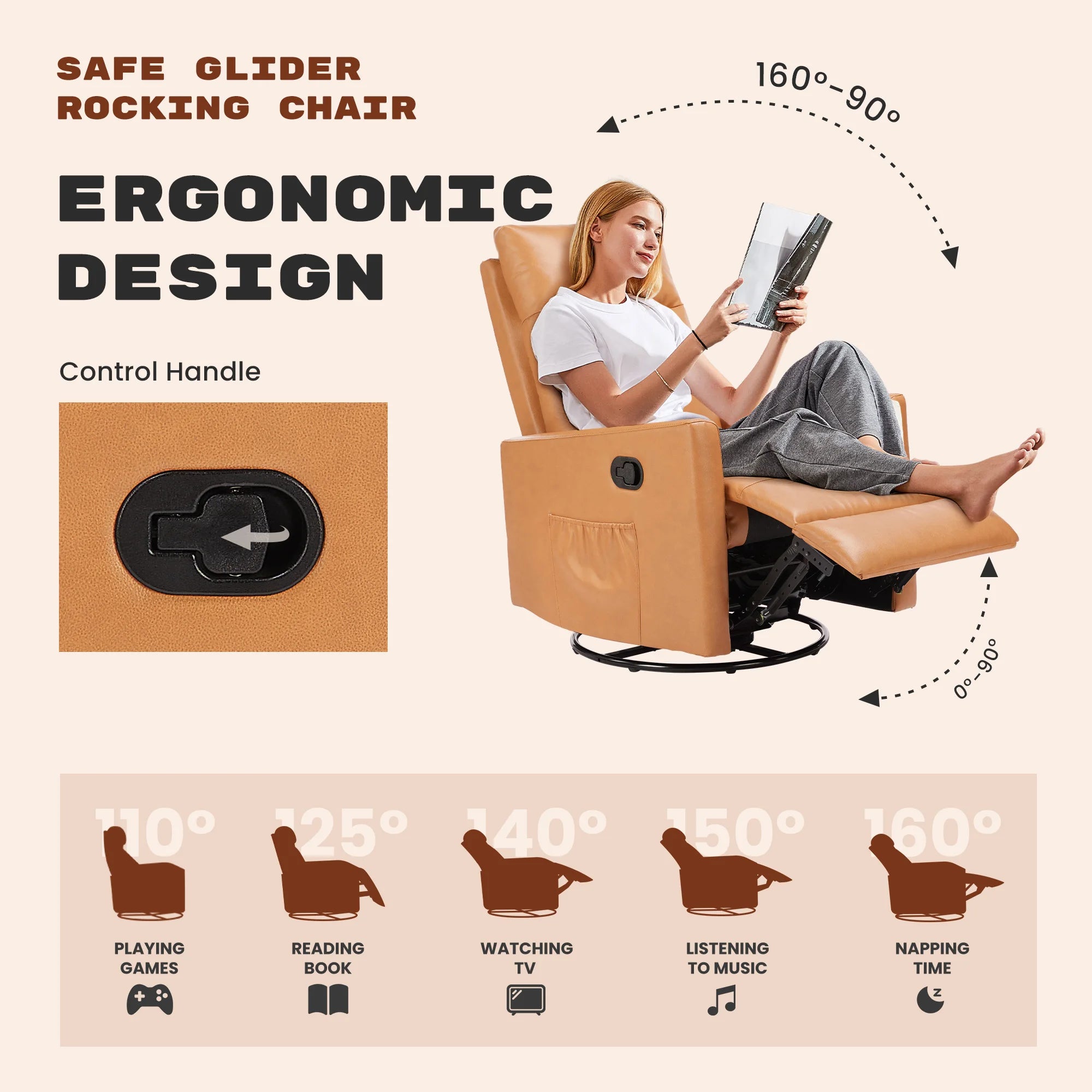 Swivel Rocker Recliner Chair with Large Footrest and Deep Seat