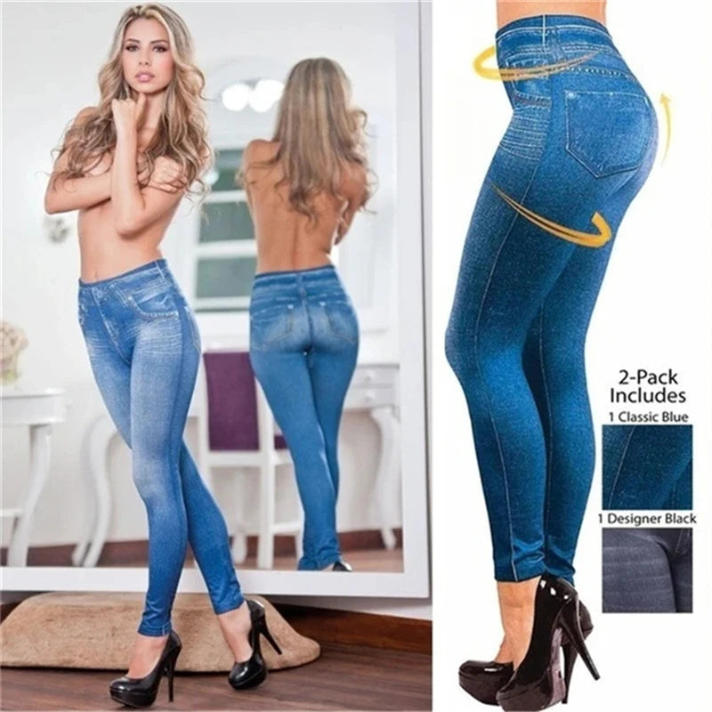 Ultra High Stretch Denim Inspired Leggings for Women High Waist Slim Fit Lifted Buttocks Tight Pants for Women 