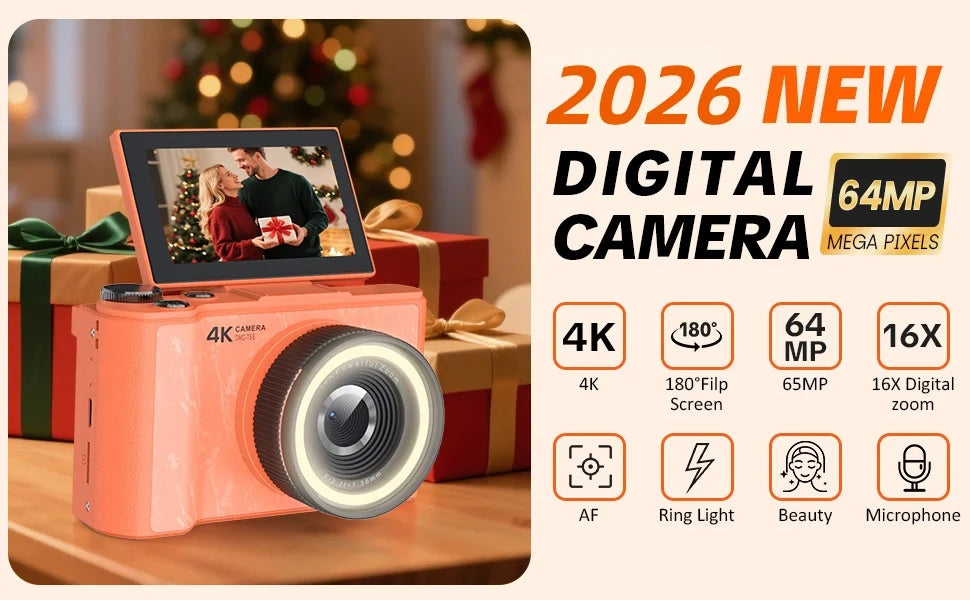 4K Digital Camera with Ring Light, Flip Screen for Vlogging