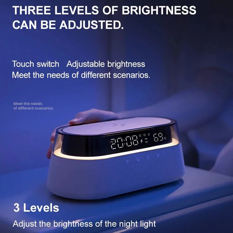6-in-1 Smart Alarm Clock - 15W Wireless Charger, Bluetooth Speaker, FM Radio, Dual Alarm, USB Charger & RGB Night Light