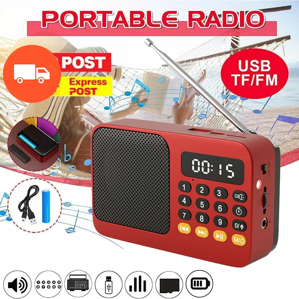 Rádio FM portátil e leitor de MP3 com ecrã LED