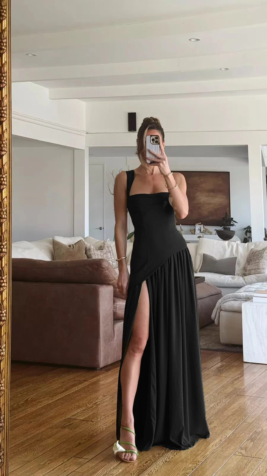 Women's Ruched Maxi Dress with Scarf, Spaghetti Strap Slit