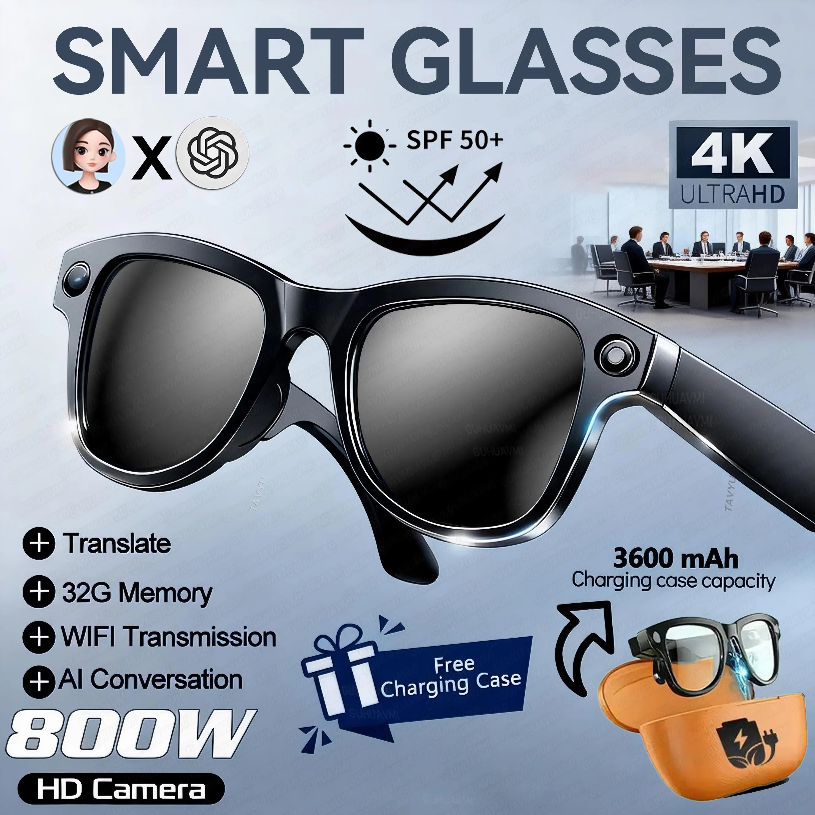 Óculos inteligentes 2026 com AI 1080p, câmera HD, M02, Ultra, ChatGPT, estojo de carregamento de 3600 mAh, banco de energia, 32 GB, tradução, música, vídeo, óculos de sol