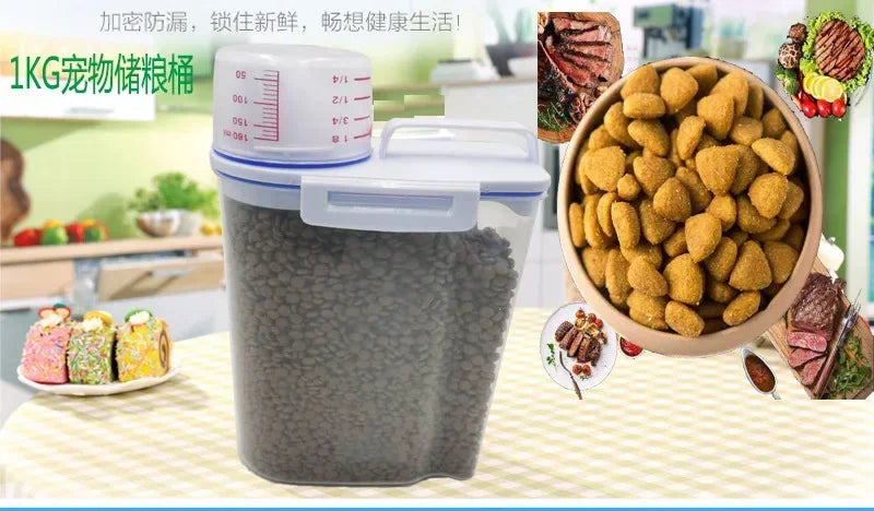 1.5kg/2kg Dog Cat Food Pail Plastic Storage Tank with Measuring Cup Container Moisture-proof Sealed Jar Pet Supplies Accessories 