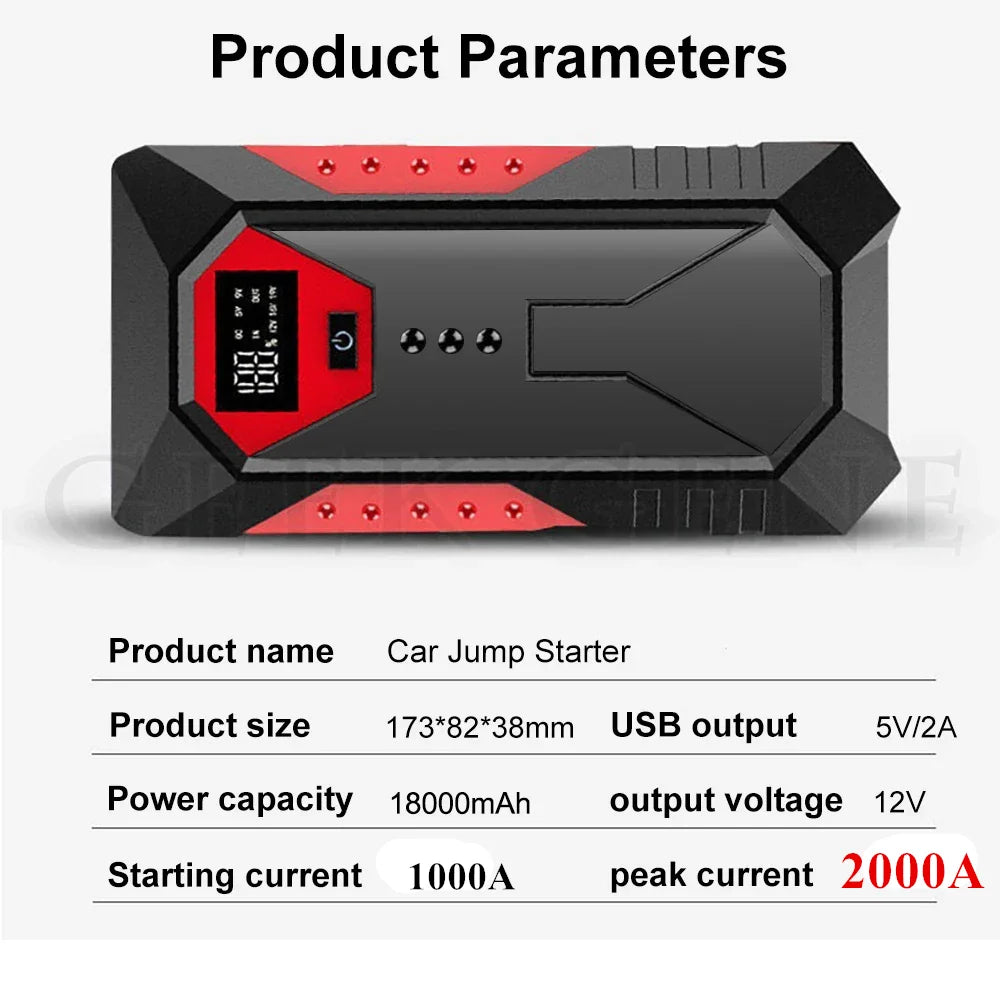 GKFLY 800A 1200A 2000A Car Jump Starter Big Power Bank Car Battery Booster 12V Car Starting Device for Petrol  6.0L Diesel 4.0L