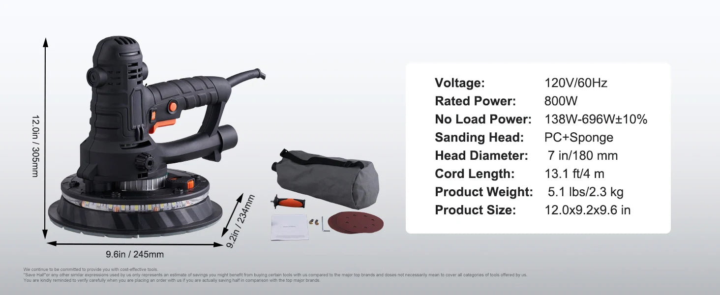 SucceBuy Drywall Sander Variable Speed 1200-2300 RPM Wall Sander with Automatic Vacuum Dust Collection System Double LED Lights