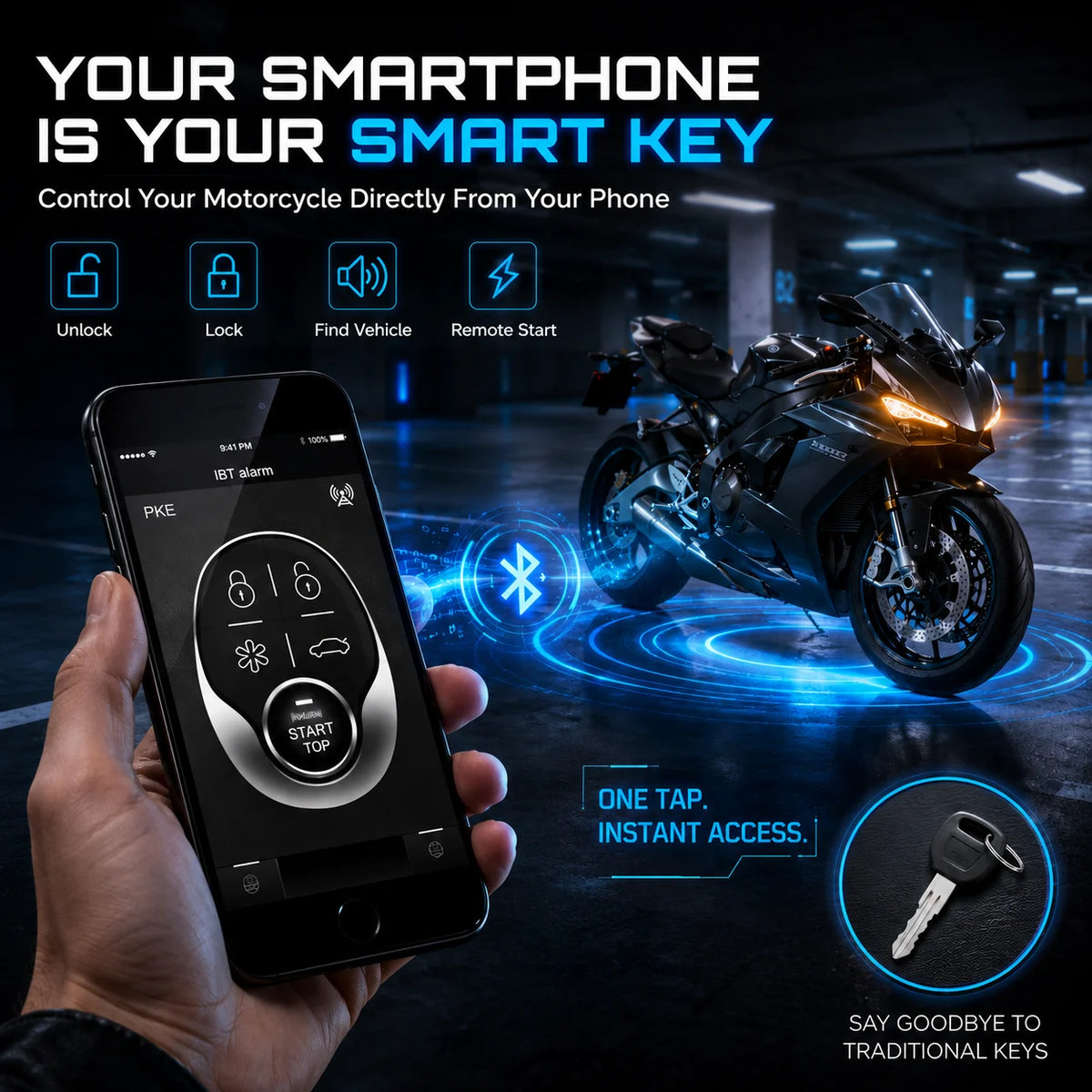 Motorcycle Alarm with Bluetooth PKE and App Control