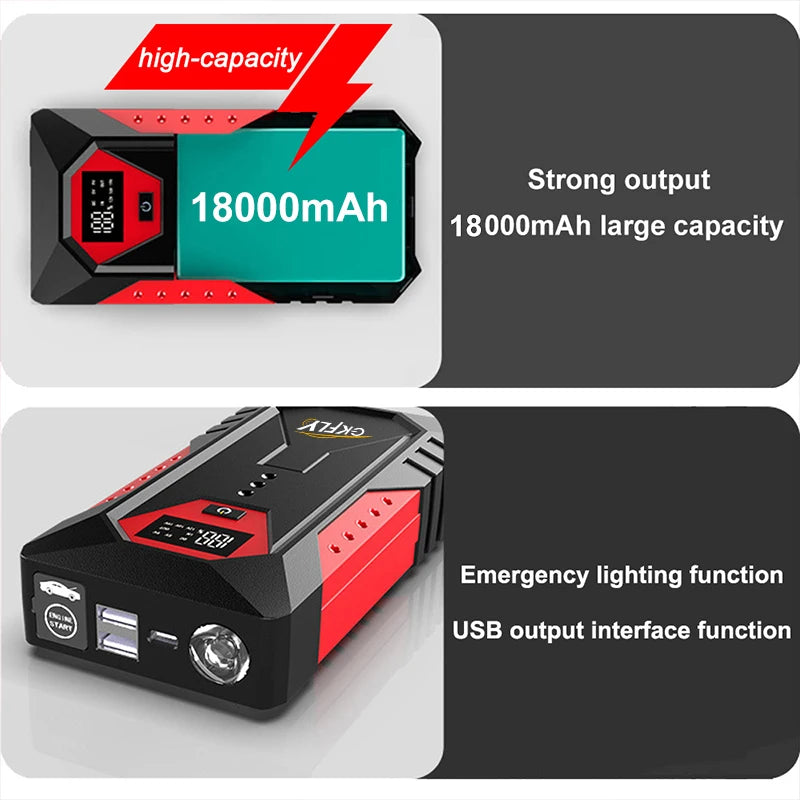 GKFLY Portable Car Jump Starter 18000mAh Power Bank Car Booster Charger 12V Starting Device Petrol Diesel Car Emergency Booster