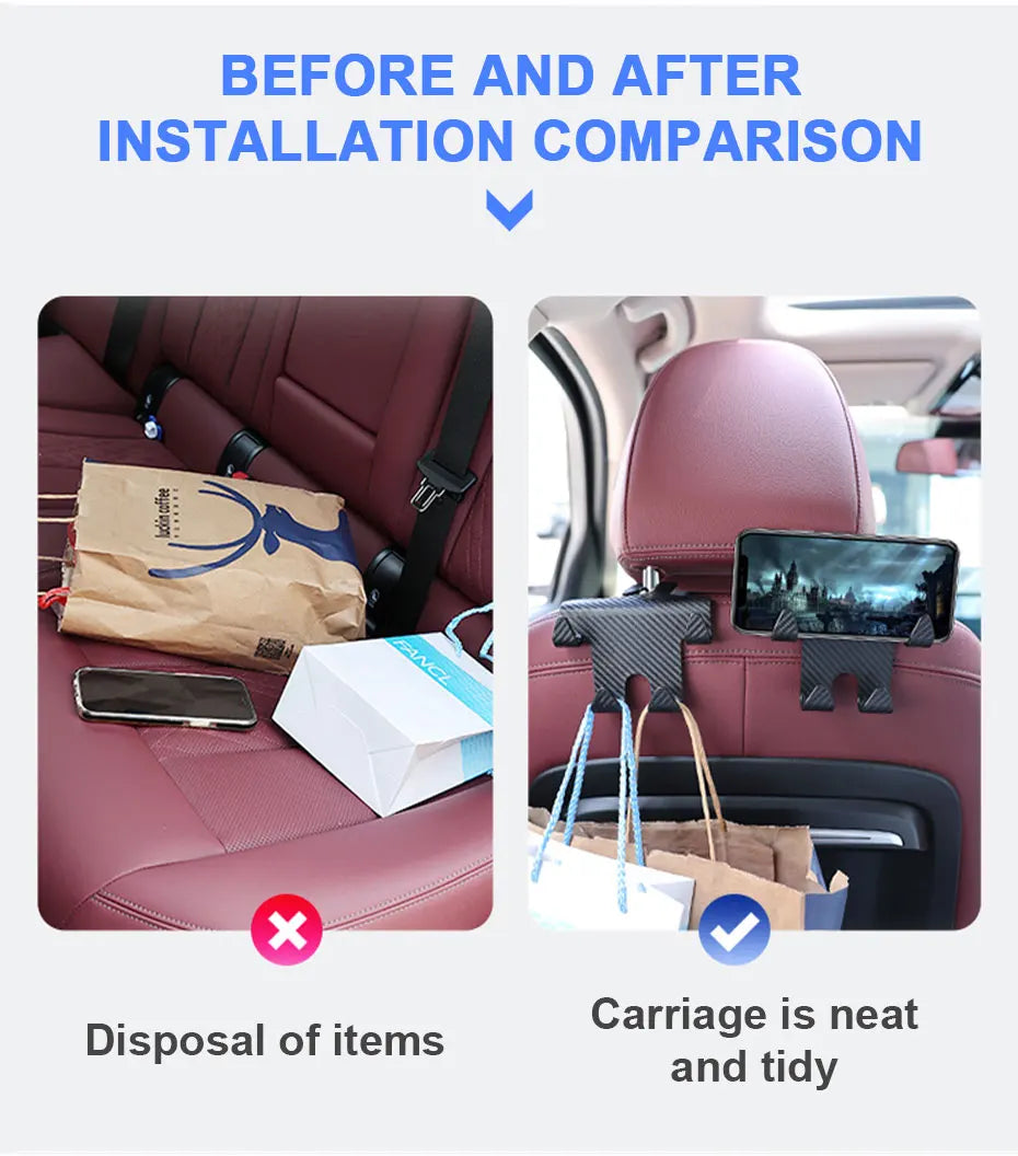 SEAMETAL Multifunctional Car Hook Headrest Seat Back Hanging Hook Carbon Fiber Decoration Large Load-Bearing Hanger for Rear Row