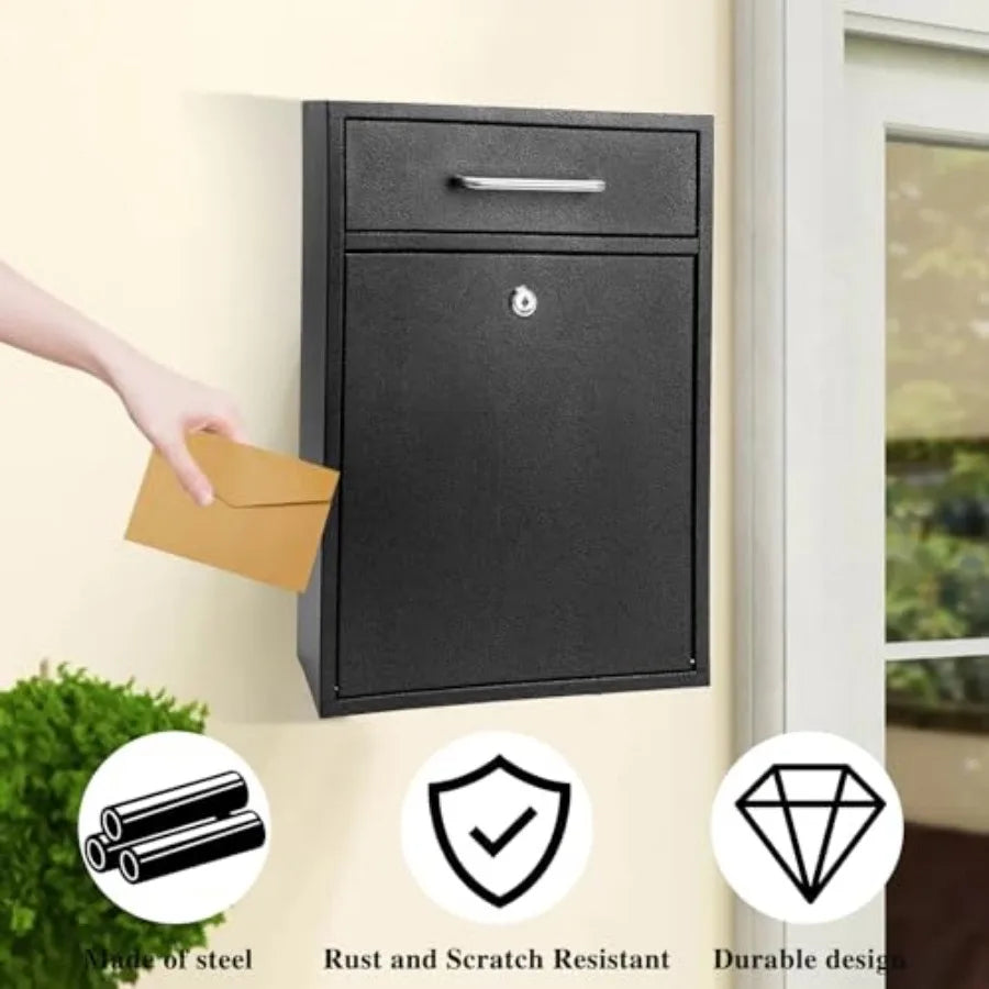 Locking Wall Mount Mailbox XL 16x11.2x4.7 in Secure Iron Drop Box
