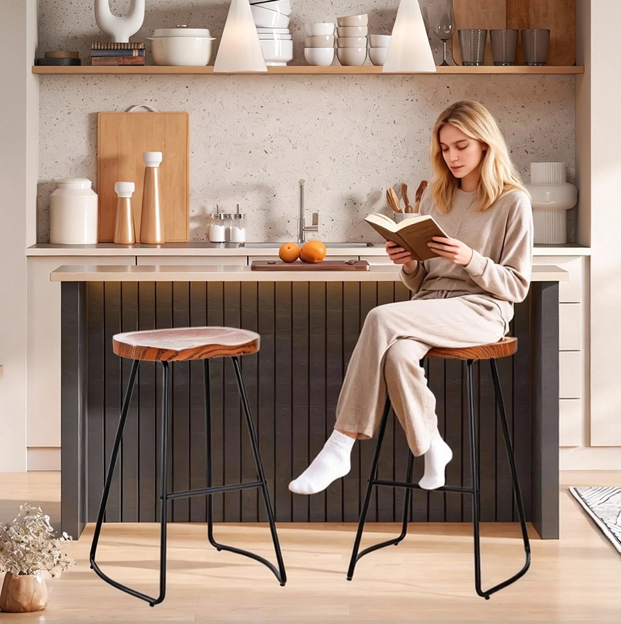 26 Inch Saddle Seat Counter Stool with Metal Legs for Kitchen Island
