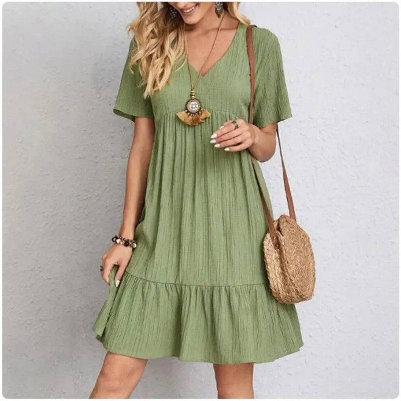 Women Summer Peplum Dresses Spring V-Neck Short Sleeve Loose Waist Ruffle Fit Flare Vocation Dresses 