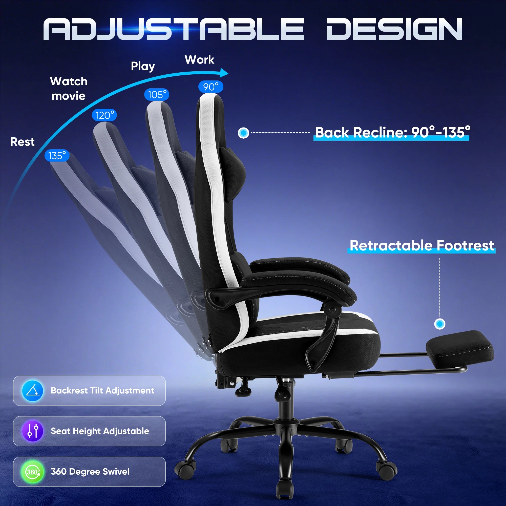 Ergonomická herní židle s bederní oporou, polohováním a opěrkou nohou