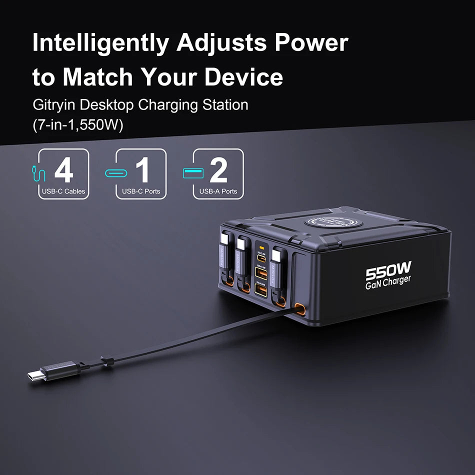 Nabíjacia stanica 7 v 1 s výkonom 550 W a 100W vysúvateľnými USB-C káblami